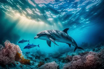 Zelfklevend Fotobehang Illustration of dolphins swimming under water. Generative AI © Reuben