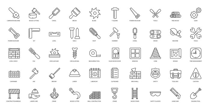 Carpentry Thin Line Icons Chisel Broom Digging Icon Set in Outline Style 50 Vector Icons in Black