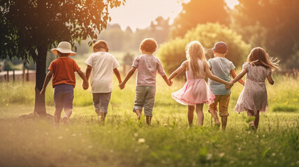 Happy kids playing outside and having fun together in summertime, a group of joyful friends walking in green park and hugging each other. Children and friendship concept - obrazy, fototapety, plakaty
