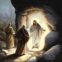 Jesus with followers in front of a cave. Generative AI