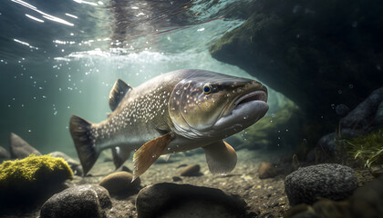 Predatory fish salmon trout in habitat under water looking for prey. Sport fishing concept. Generation AI