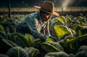 Farmer harvesting of tobacco leaves, sunset light. Agriculture industry concept. Generation AI