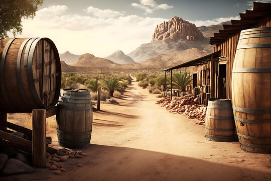 wine barrels in a vineyard, beautiful backdrop in the desert 