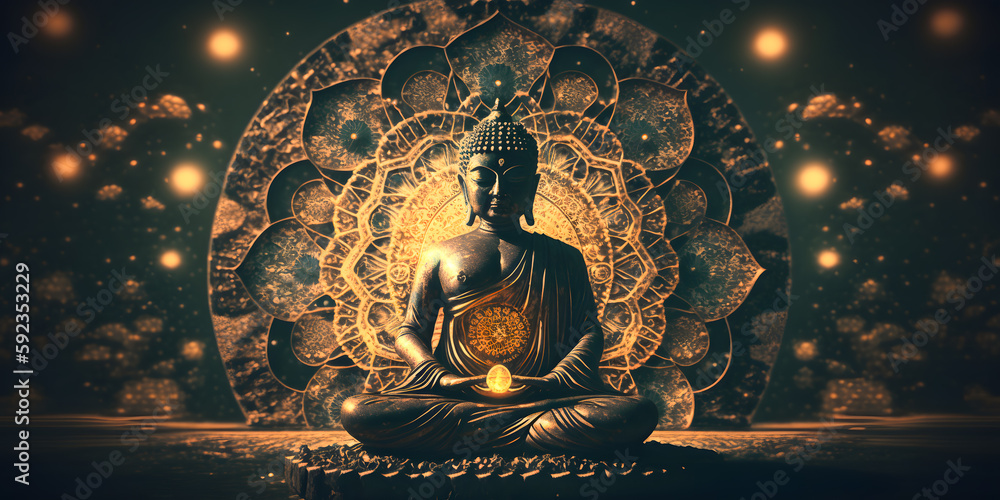 Wall mural buddha statue transcendental spiritual meditation with aura, banner yellow light. generation ai