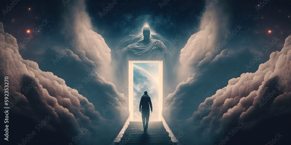 Wall mural astral silhouette of human in cosmic space meditate. back view man fly transcendental spiritual medi
