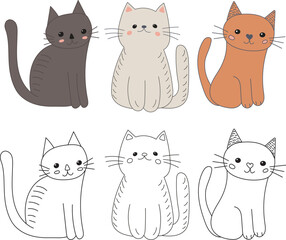cats character coloring book on white background, vector