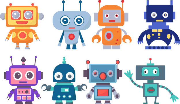 set of robots, androids on white background, vector