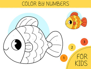 Color by numbers coloring page for kids with goldfish. Coloring book with cute cartoon fish with an example for coloring. Monochrome and color versions. Vector illustration.