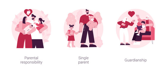 Child custody abstract concept vector illustration set. Parental responsibility, single parent, guardianship, social roles, child care, foster parenting, legal guardian authority abstract metaphor.