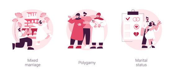 Legal status abstract concept vector illustration set. Mixed marriage, polygamy, marital status, multiracial family, persons relationship, different races and religions, wedding abstract metaphor.