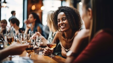 A happy woman at a bar with friends. This is not a real person. Generative AI. 