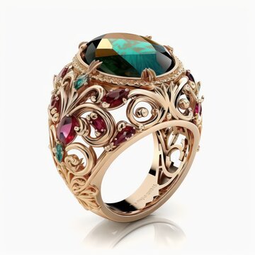 A stunning and luxurious ring adorned with exquisite gems. Emerald golden ring. Generative AI.