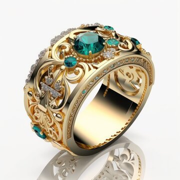 A stunning and luxurious ring adorned with exquisite gems. Emerald golden ring. Generative AI.