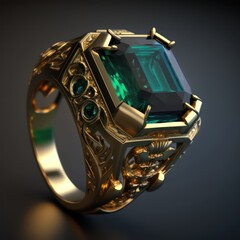 Emerald golden ring in 3d style. Gold ring with emerald in fantasy style. Generative AI.