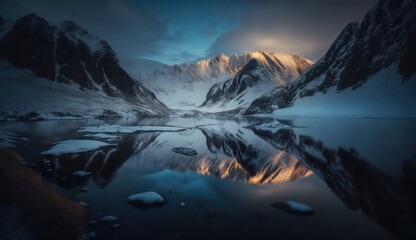 Snowy mountains and frozen lake blue hour. Beautiful snowy mountains. Generative AI.