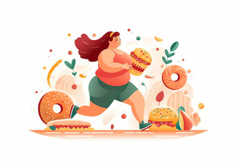 Fat woman wears sports clothes, pushes away delicious food while running. Eating less food is a healthy life concept. Isolated on white background. AI generated illustration.