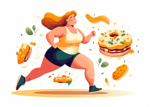Fat woman wears sports clothes, pushes away delicious food while running. Eating less food is a healthy life concept. Isolated on white background. AI generated illustration.