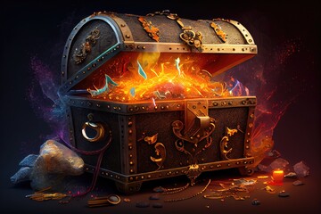 treasure chest overflowing with gold and jewels, surrounded by flames, created with generative ai