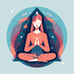 Woman sitting in meditation pose with legs crossed. Yoga spiritual exercise minimalistic vector illustration.