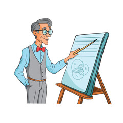 Teacher standing in front of blank board vector illustration. Male school teacher on white blackboard.