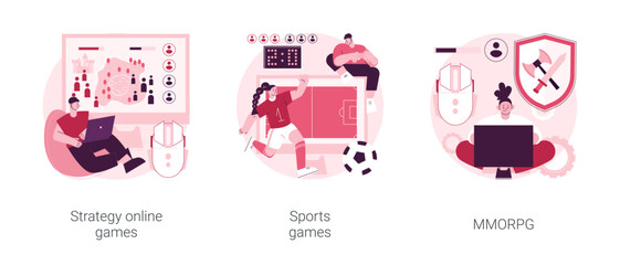 Playing computer games abstract concept vector illustration set. Strategy online games, digital sports championship, online multiplayer, internet browser, gaming app, championship abstract metaphor.