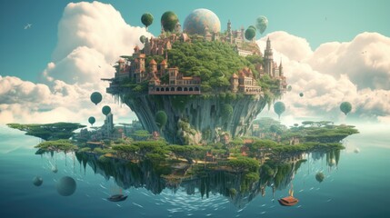  A surreal illustration of a world filled with floating islands and impossible structures in a biophillic design style, 8k, intricate detail, photography, generative ai