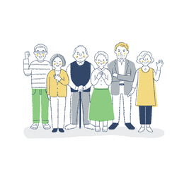 笑顔のシニア世代の男女6人　全身