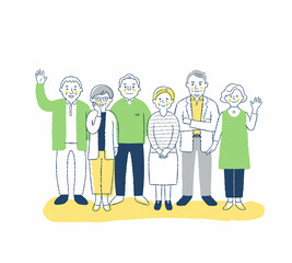 笑顔のシニア世代の男女6人　全身