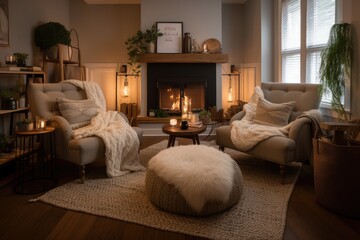 cozy living room with plush armchairs and throw blankets, fire place and candles, created with generative ai