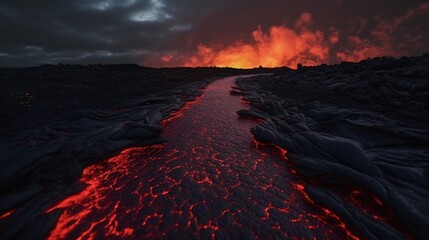 Fototapeta premium an erupted tar road with lava glow, embers texture, and color graded clouds, 8k, hyperrealistic, photography, intricate detail, generative ai