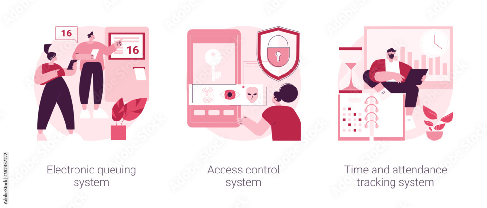 Poster digital tracking systems abstract concept vector illustration set. electronic queuing system, access
