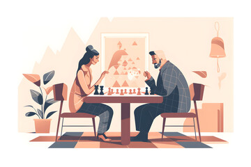 Flat vector illustration So cunning for someone so young and beautiful. Aristocratic couple playing chess.