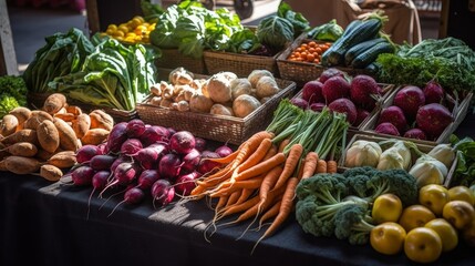 A group of fresh produce at a farmers market. Generative AI. 