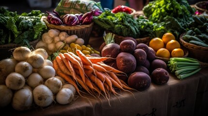 A group of fresh produce at a farmers market. Generative AI. 