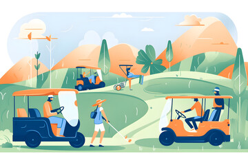 Flat vector illustration Sport, golf and men's swing riders practice, train or train for competition on the course. Fitness, golf course and swing clubs for golfers to practice, compete or just play..