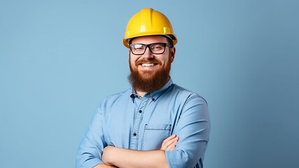 Handsome man industrial engineer wearing a yellow helmet, isolated on blue  background, generative AI tools 