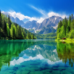Naklejka na ściany i meble The lake reflects the sky , surrounded by trees and mountains . Generative AI