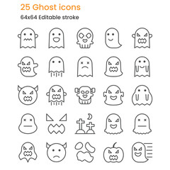 Set of 25 ghost icons. outline style editable stroke