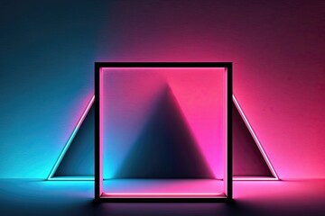 Neon lights in a dark room matte glass reflection triangle background. Generative AI