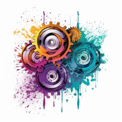 A digital graphic design of interlocking gears in bright colors with white background. Generative AI. 