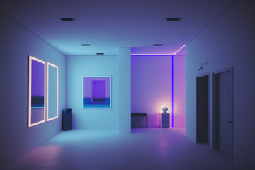 Futuristic corridor neon room space concrete hall purple neon lights. Generative AI