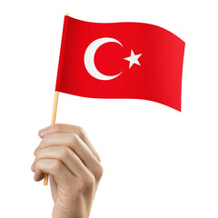 Hand holding flag of Turkey, cut out