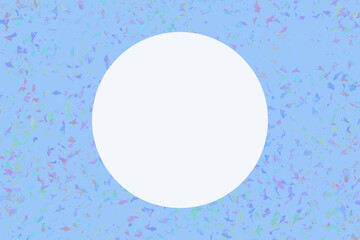 Pastel blue background with scattered colorful confetti and a white circle