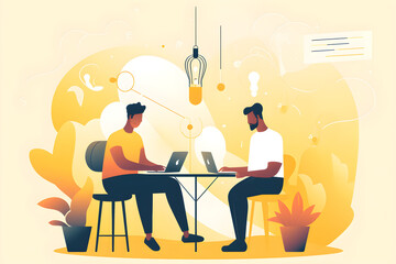 Flat vector illustration succeed trade. Cheerful colleagues, Indian and Caucasian, are sitting in a creative office, working on a new project, start-up, strategizing ...