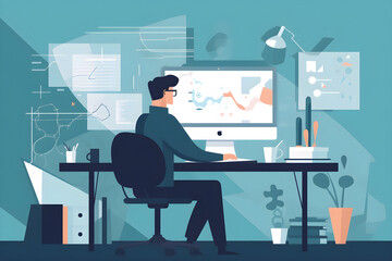 Flat vector illustration Success comes from the combination of will and ability. Cropped shot of a young businessman using a computer at a desk in a modern office.