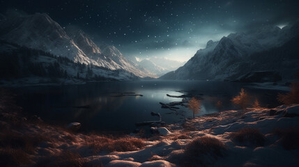 Fototapeta na wymiar Fantastic winter landscape with snow covered mountains and lake at night.generative ai