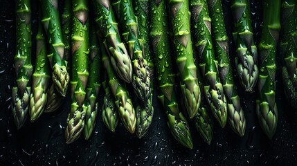 Fresh healthy & organic green asparagus with drops of water. From above. Close up. Macro. Greens. Food magazine. Food Design. Close up of green asparagus. Vegetable. Generative AI.