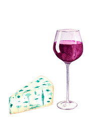 Glass of red wine and a piece of blue cheese