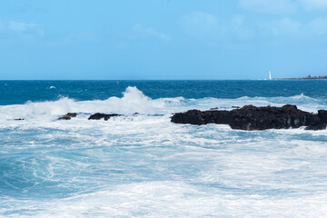 Paisaje Marino con rocas volcánicas y con faro de lejos , Jover,  San Cristóbal de la Laguna,...