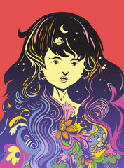 women with flower, sky, ornament. beautiful illustration abstract art graphic illustration